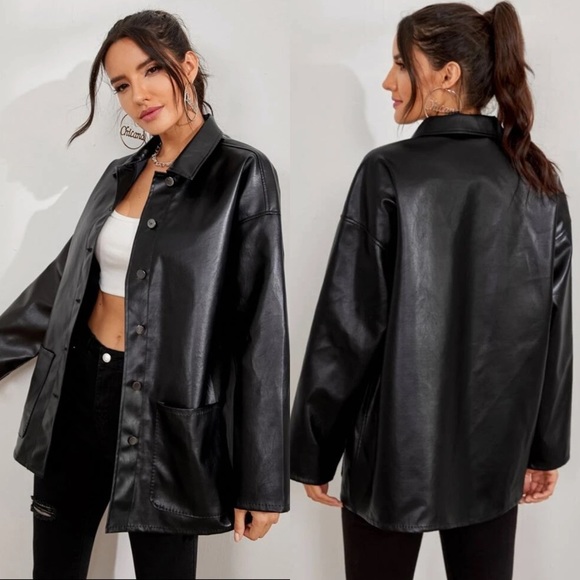 Vegan leather oversized boyfriend shacket black - Picture 3 of 6